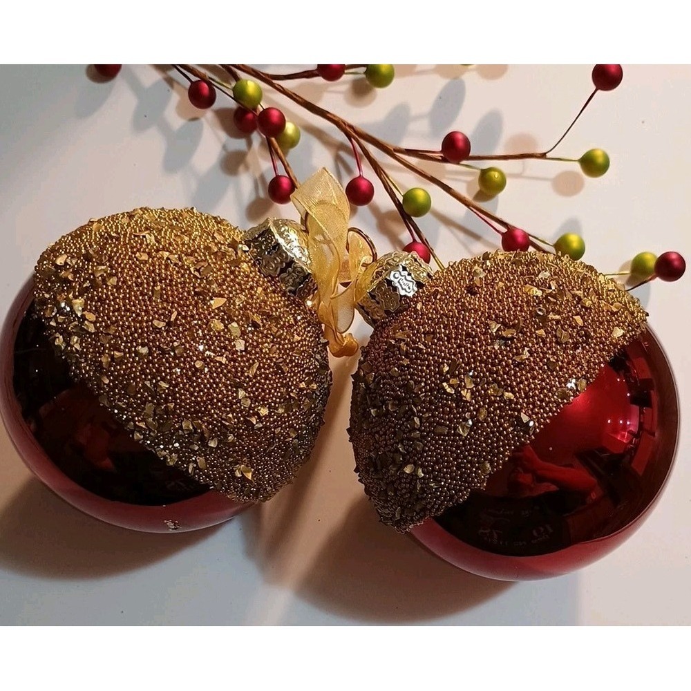 Pair Of Frontgate Glass Christmas‎ Ornaments Red And Gold Beaded Embellished